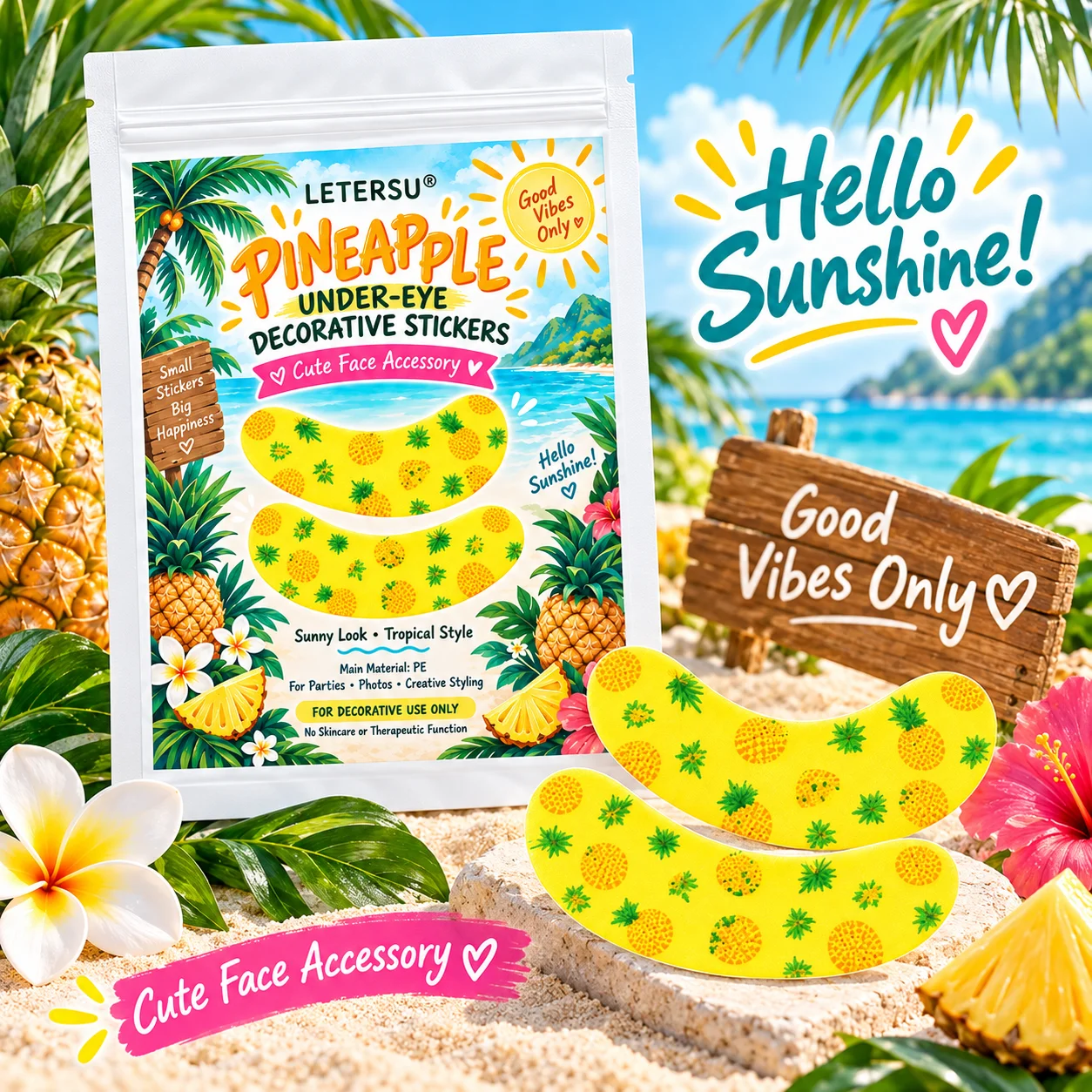 4PCS Pineapple Under Eye Stickers, Cute Tropical Eye Patches, Summer Face Makeup Decorations for Women, Beach Party Festival