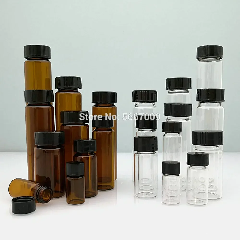 20pcs/lot 3ml 5ml 10ml 15ml 20ml 30ml 40ml 50ml (Clear/ brown) Glass Seal Bottle Reagent Sample Vials With Plastic Lid Screw Cap