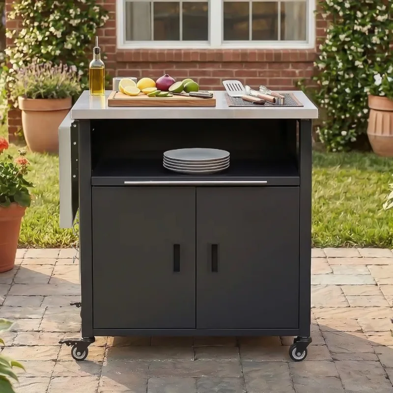 Image 3: Station de préparation pliable pour patio, îlot de cuisine extérieur pliable, chariot de barbecue avec support à déchets