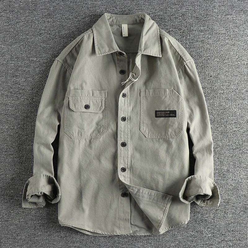 Autumn New American Retro Long Sleeve Lapel Woven Cargo Shirt Men's Amekaji 100% Cotton Washed Double Pocket Casual Thin Coat