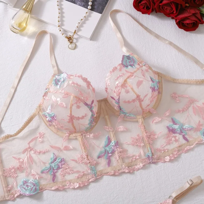 Toucheart 2 Piece Set Colorful Flower Embroidery Sexy Lingerie Bra For Women Mesh See-Through Printing Sexy Underwear Suit New