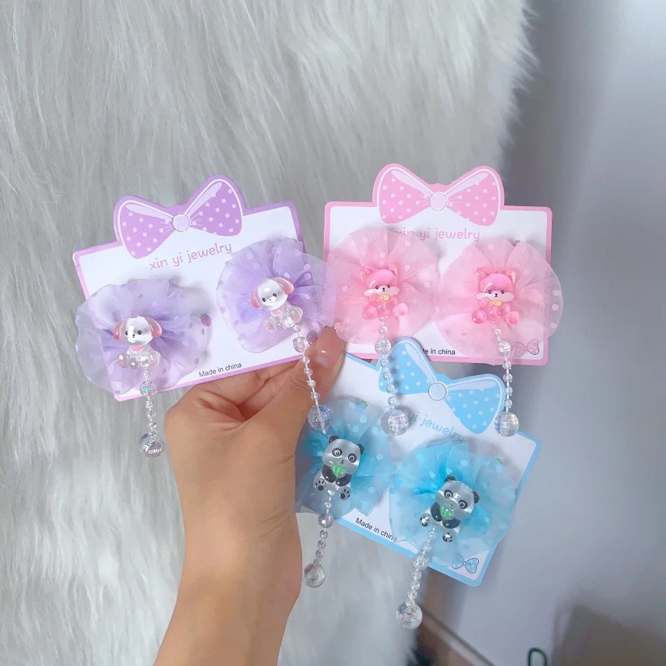 

Children Hair Accessories Cartoon Animal Hanging Beads Hairpin Puppy Hairpin Princess Style Fabric Girl Fringe Clip Head Jewelry