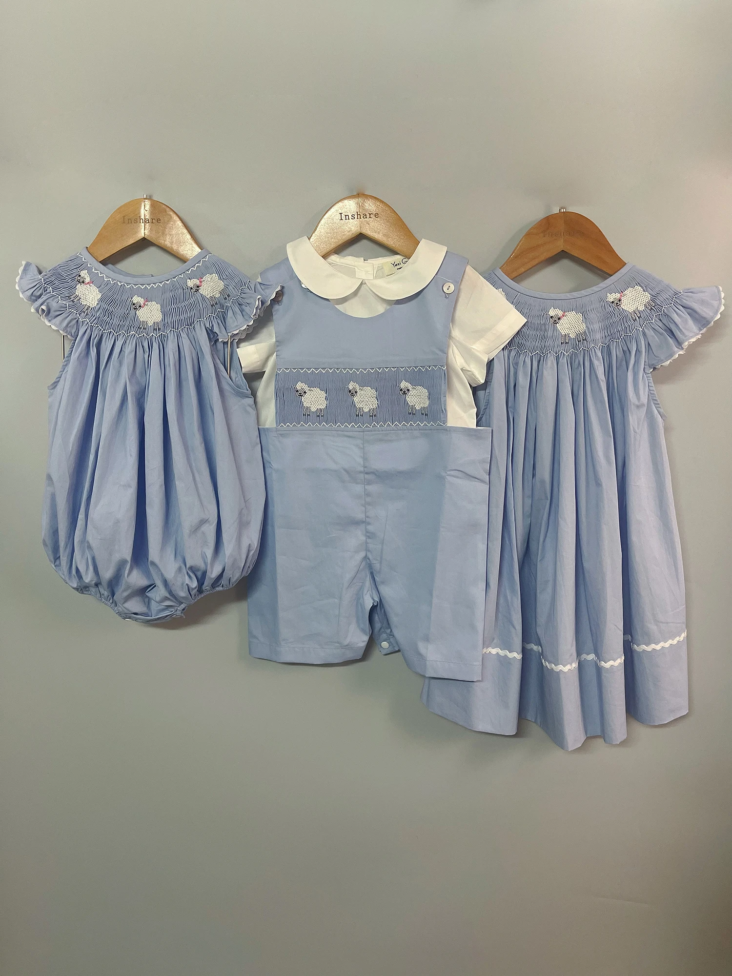 children-boutique-clothing-summer-girls-flying-sleeves-handmade-smoked-bubble-blue-romper-sheep-embroidered-cute-siblings-outfit