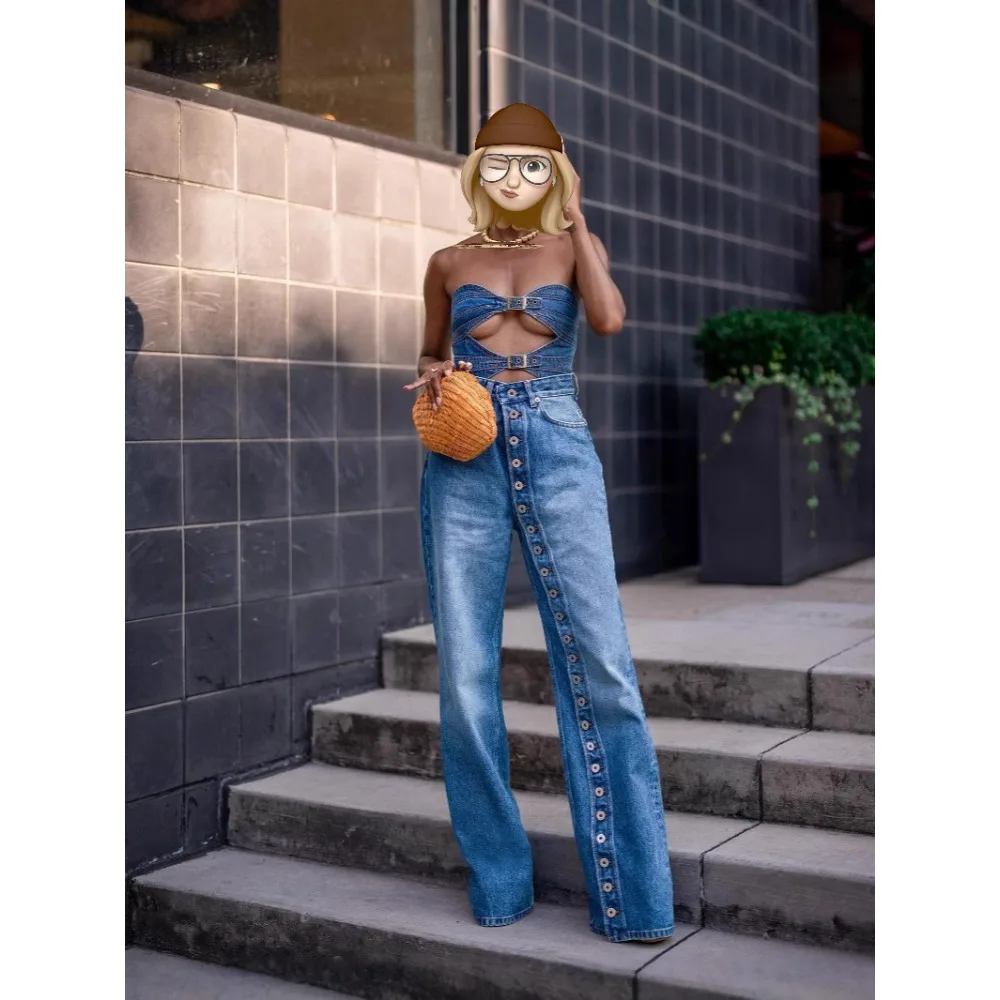 American retro washed multi button straight leg jeans for women in autumn 2025, high waist heavy industry wide leg pants