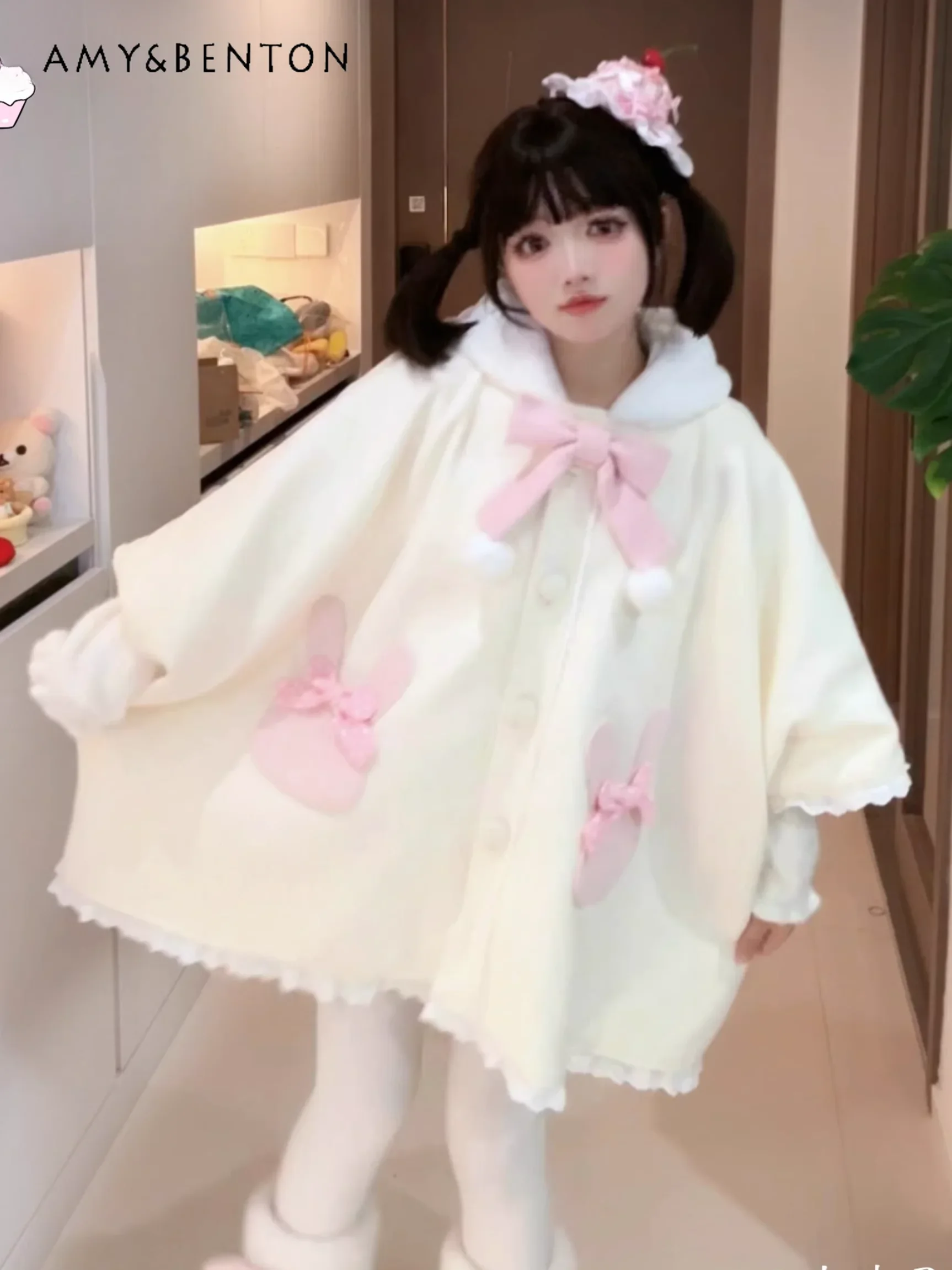 

Sweet Cute Bow Plush Hooded Wool Coat Women Japanese Kawaii Single-breasted Oversized Cape Jackets Lolita Style Thicken Coats