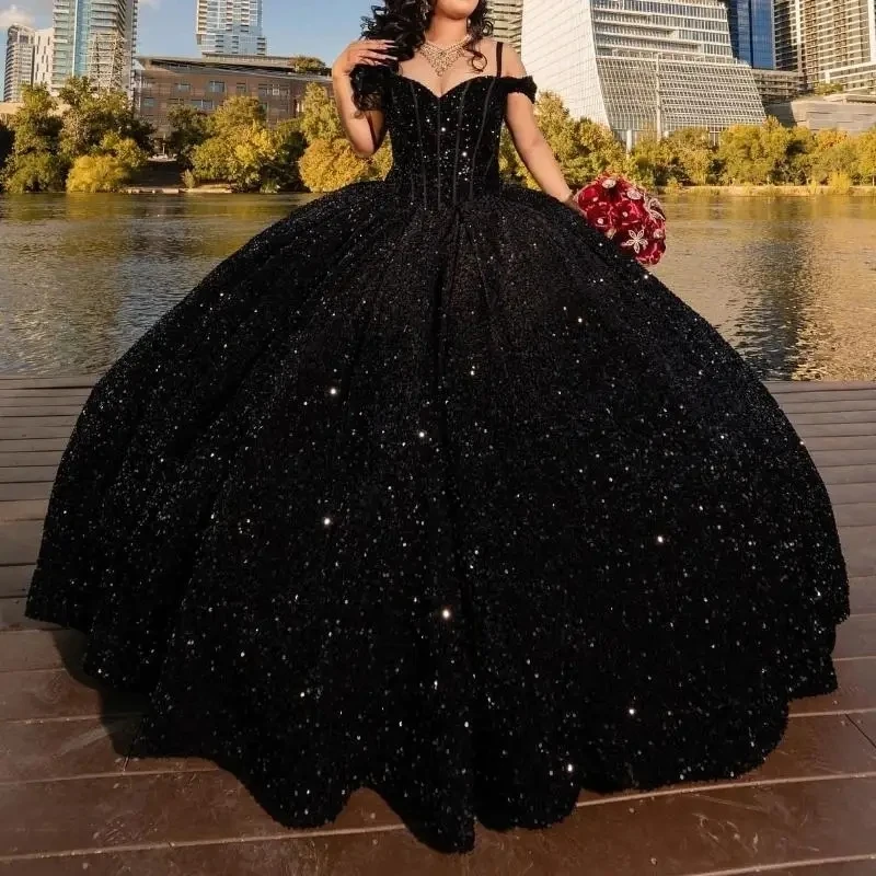 

Black Sparkly Quinceanera Dresses Ball Gown Off The Shoulder Sequin Lace-up Graduation Gown vestidos 15 De Anos Sweet 16 Dress