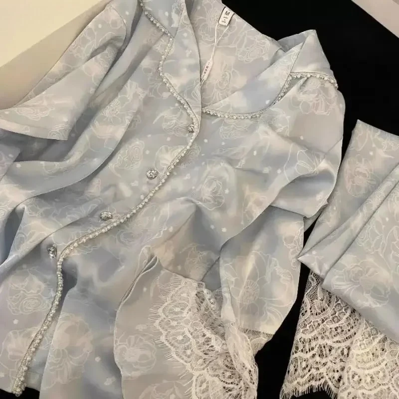 

Женские пижамы, синяя рубашка с принтом, брюки, 2 шт., одежда для сна с длинными рукавами, сексуальная кружевная лоскутная ночная рубашка, домашняя одежда, роскошные брючные костюмы