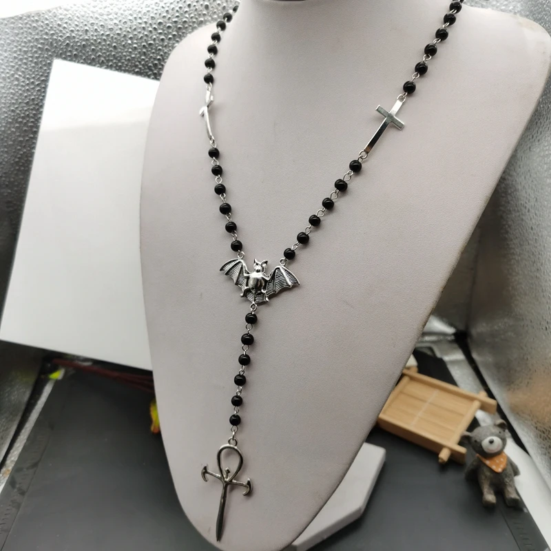 Vampire Ankh Rosary,Occult Vamp Goth Ankh Beads Bat Gothic Vampire