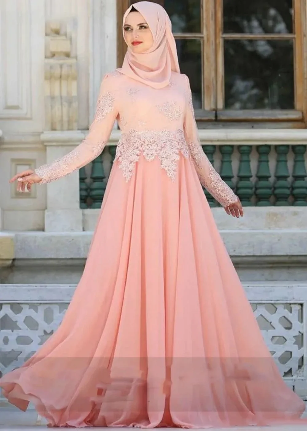 Robe de Rharabe musulmane, robe de soirée, col haut, manches longues, appliques en dentelle, robe formelle, longueur au sol, robe de soirée de mariage A-Line