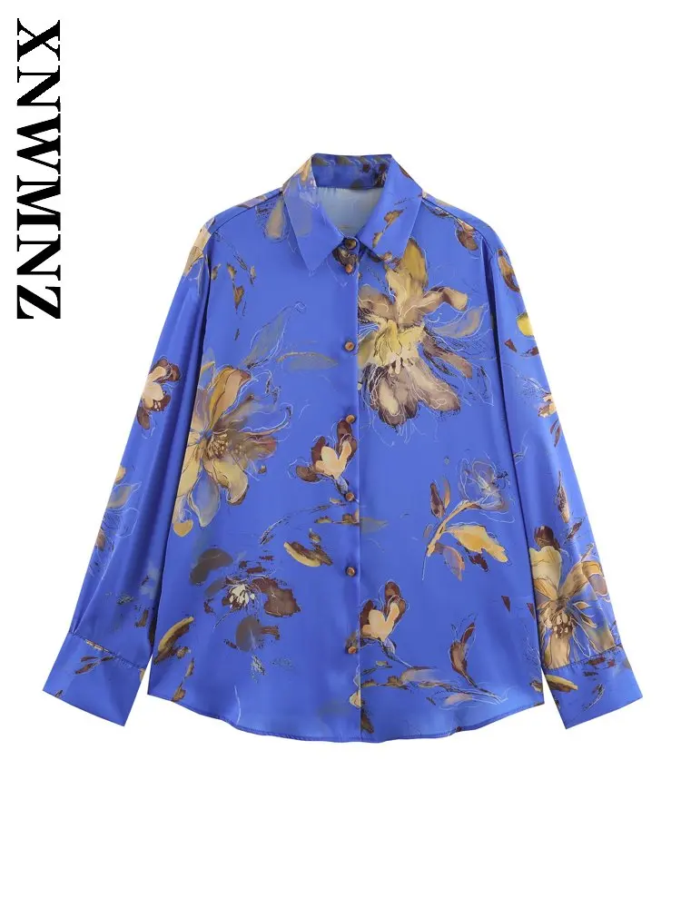 

XNWMNZ 2025 Winter Woman Fashion Vintage Long Sleeve Satin Shirt Casual Chic Autumn Lady Blue Turn-down Collar Holiday Windproof