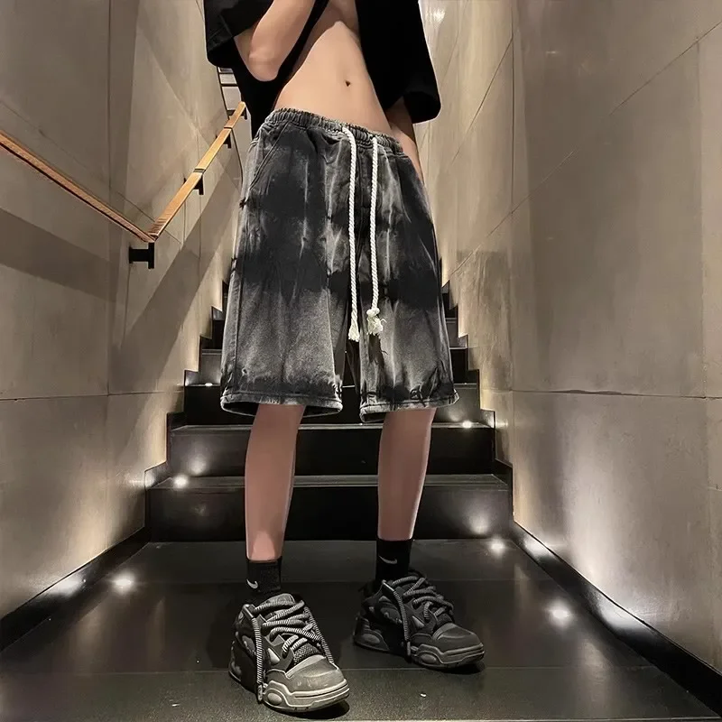 Immagine 5: Pantaloncini in denim tie-dye vintage alla moda da uomo, stile americano estivo, nuovi, casual, con coulisse, a gamba dritta, al ginocchio