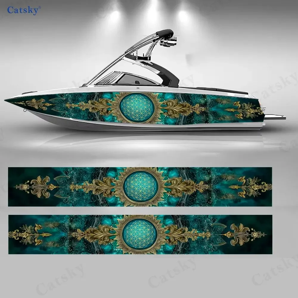 2Pcs Boat Vinyl Wrap Sticker, Sacred Geometry Turquoise Gold Pattern, High-Quality Weatherproof Vinyl, Ideal for Yachts Boats