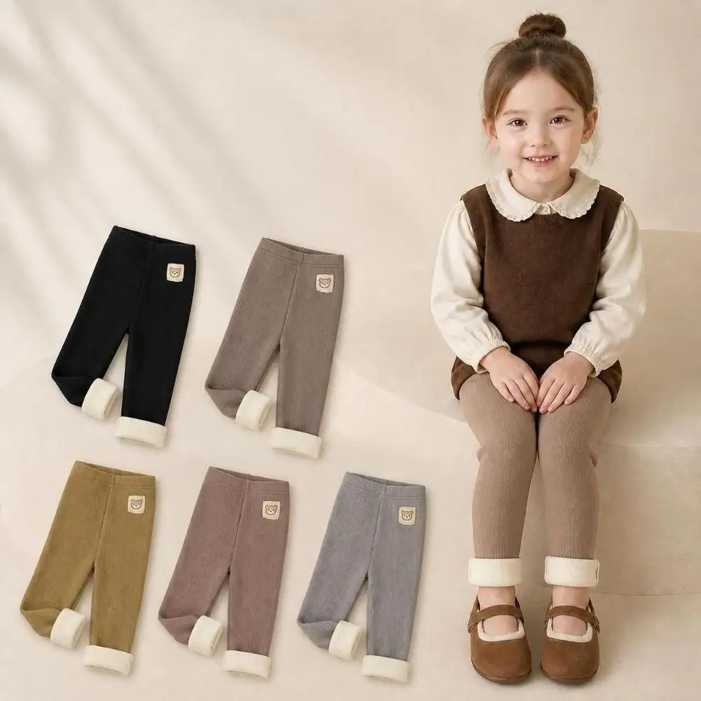 Fleece Lined Baby Legging Elastic Waist Bear Patch Kids Long Pants Socks Warm Thickness Soft Fabric Baby Tight Pants