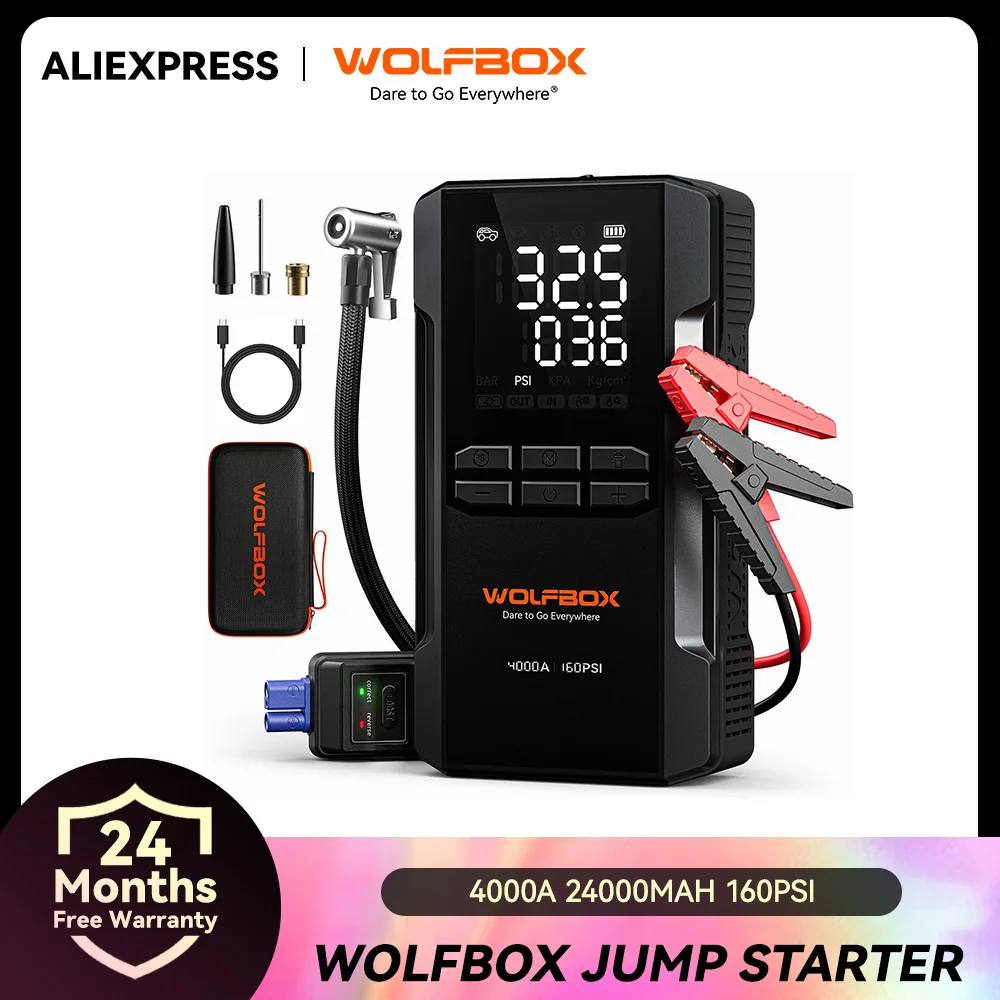 WOLFBOX JS24AIR 4000A Jump Starter 24000mAh 160PSI Air Compressor 12V Car Battery Booster (10L Gas/10L Diesel) Jump Box LED