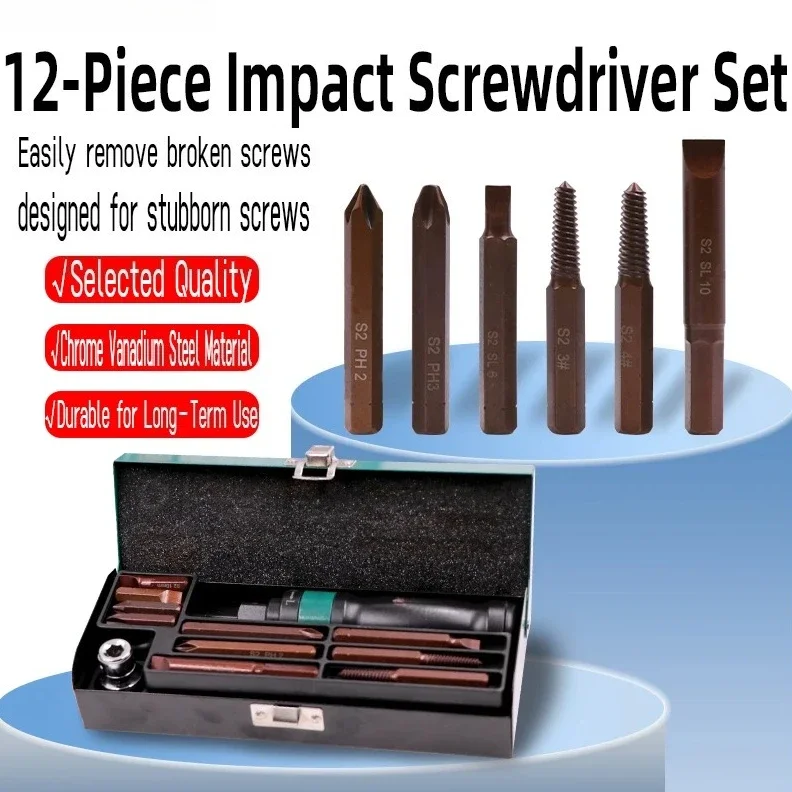 12/13PCS Reversible Impact Screwdriver Set Hand Manual Impact Driver Kit for Removing Rusted Frozen Bolts Fasteners