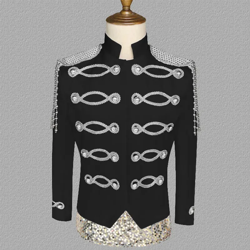 Mens Black Steampunk Blazer Jacket Stand Collar Gold Tassel Hussar Marching Band Military Drummer Parade Blazers Costume Homme