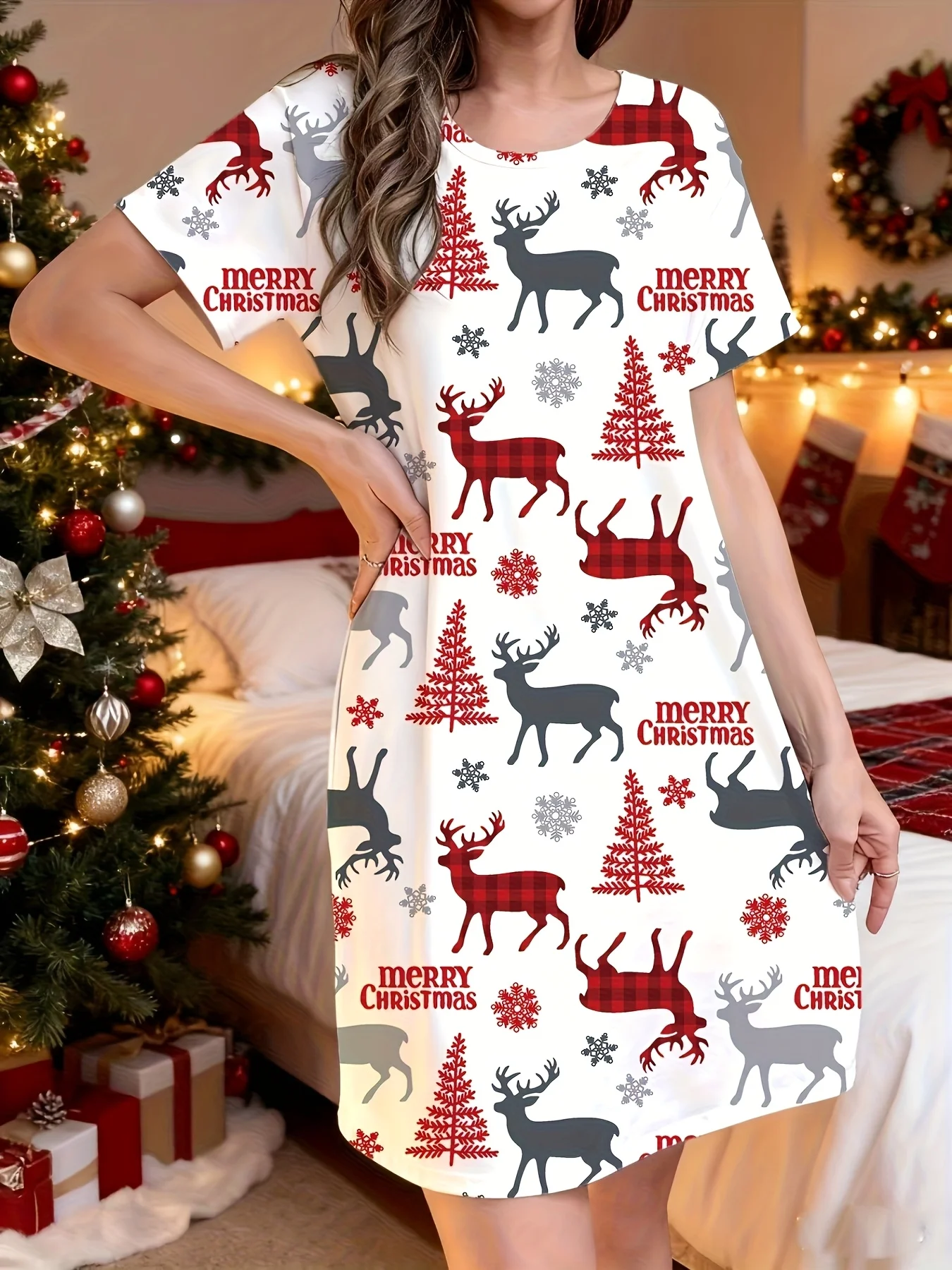  Women's Elegant Christmas Red Plaid Reindeer & Merry Christmas Lettering T-Shirt Dress Short Sleeve A-Line Holiday Party Dress