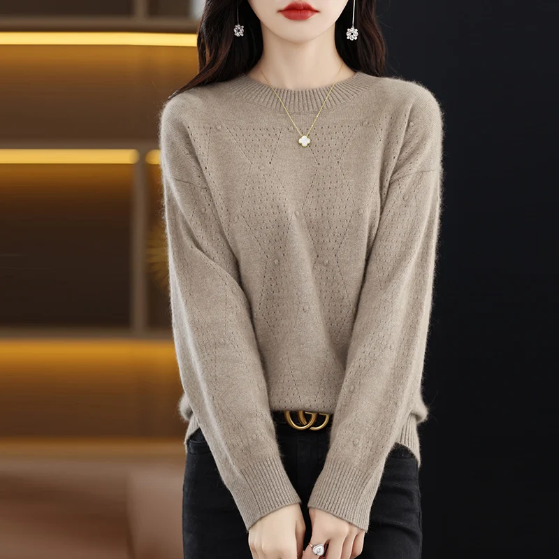 

2023 New Women's 100% Mink Cashmere Sweater Round Neck Pullover Knitted Large Size Winter New Tops Long Sleeve High End Jumpers