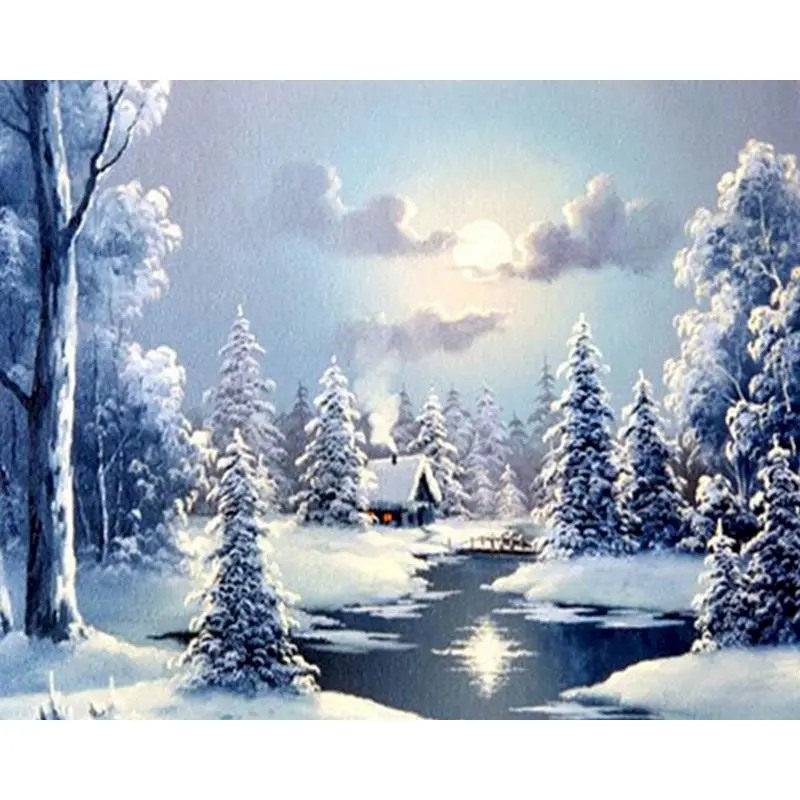 キャンバスに雪の風景画,手作りの絵,冬の写真キット,家の装飾