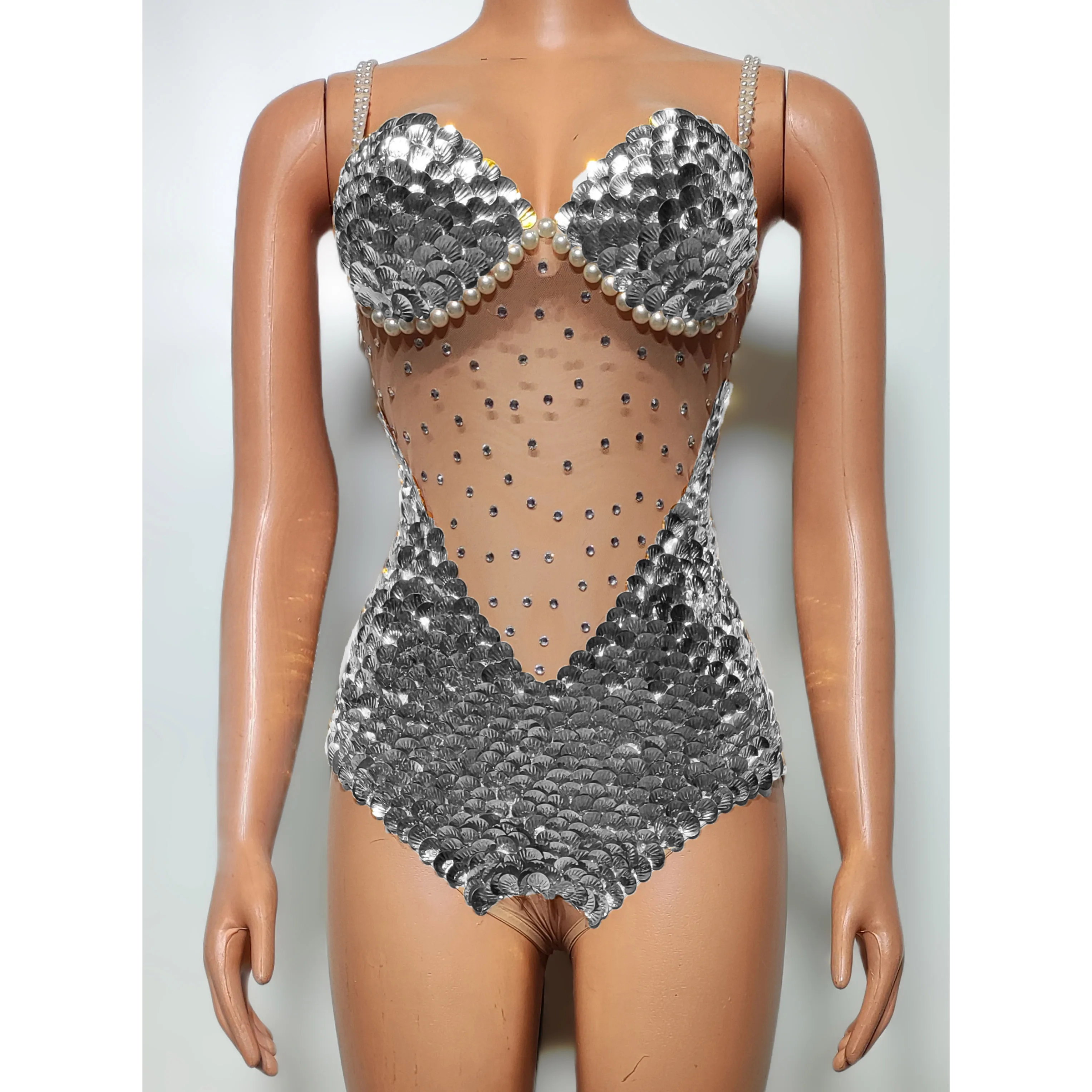 Scale Sequins Bodysuit Rhinestones Dance Leotard Women Sexy Stage Wear Gold Blue Sleeveless Cosplay Costume Nightclub Party Show