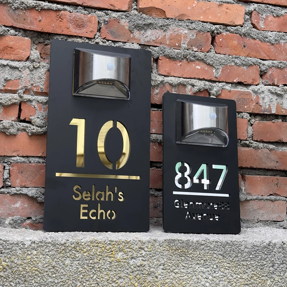 Personalized Exterior lights House Number Sign LED Solar House Sign Custom 3D Laser Cutting Street Family Name Door Sign image 5
