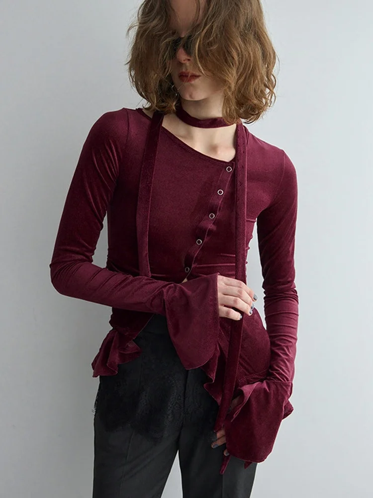 Sheer Mesh Top Long Sleeve Attached Scarf Button Front Ruched Hem Party Night Out Bodycon Slim Fit Solid Color Top 2026