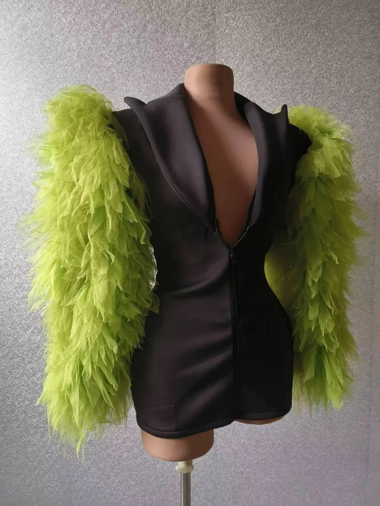 Blazer sexy verde inchado para mulheres, manga comprida, bar noturno, boate, fantasia de rainha de aniversário, roupas de drag stretch, design, zíper