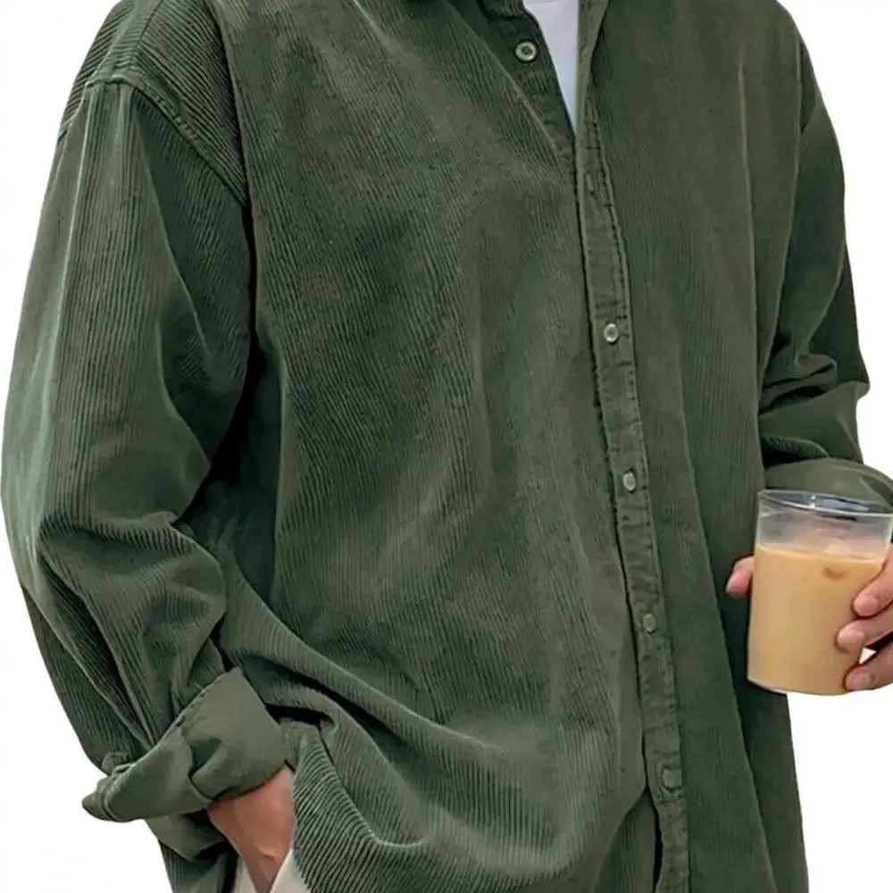 Mens Corduroy Shirts Long Sleeve Casual Loose Button Up Top Male Spring Autumn Fashion Solid Color Soft Comfortable Outwear