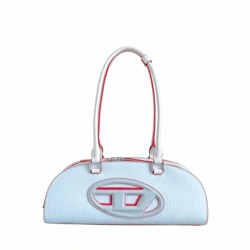 Elongated Bowling Bag Women Light Blue Striped Contrast Color Luxury Designer Shoulder Bag Streetwear Fashion Trend Dome Handbag