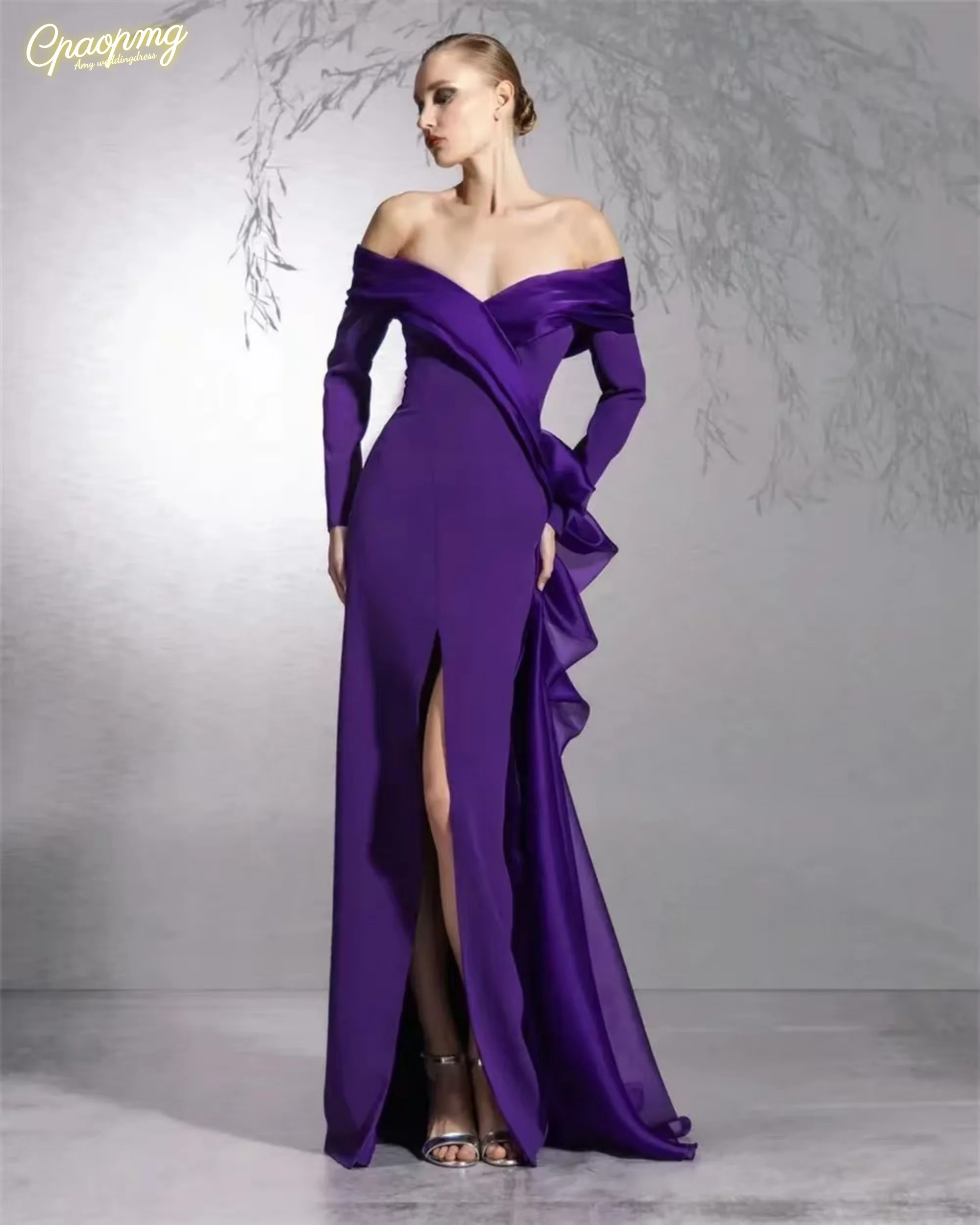 

Вечерние платья по индивидуальному заказу с открытыми плечами и длинными рукавами, свадебные платья русалки для гостей, длинное вечернее платье с V-образным вырезом и средним разрезом