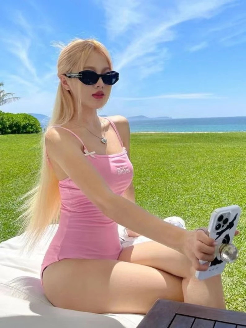 

Tagkita Pink Sweet Strap Monokini Swimming Suit Thermal Vaion Cover up Slimming Women's Casual Swimwear Fixed Chest Pad