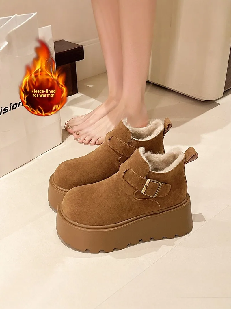 レディース-冬用-厚底-ファー裏地付き-フラット-スノーブーツ-カジュアル-コットンインナー素材-ラウンドトゥ-フラットヒール-多用途-スリッポン-ローファー