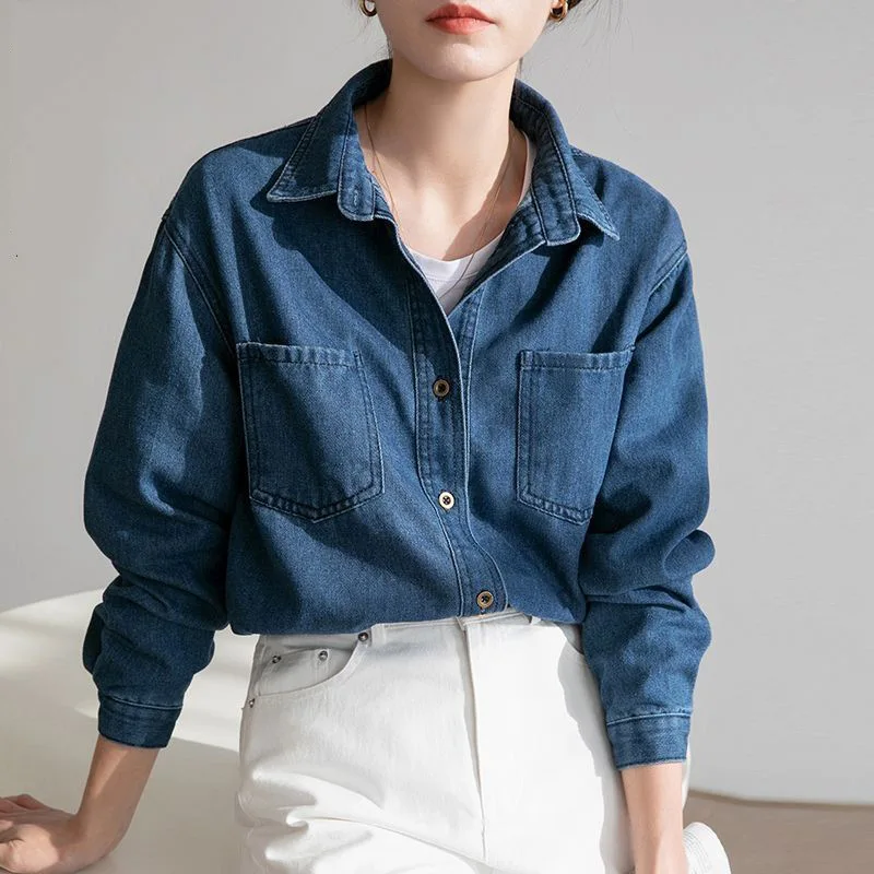 

Denim Shirts Women Blouse Washed Outerwear Jackets Pockets Turn Down Collar Single Breasted Streetwear Female Overshirt 2025