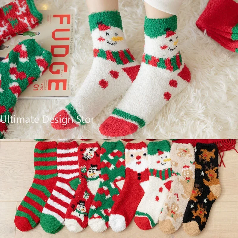 New Christmas coral fleece warm and thick winter socks snowman sleeping floor socks