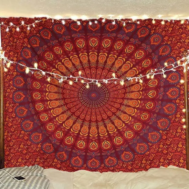 VIKAMA Brown Bottom Retro Peacock Mandala Tapestry, Aesthetic Wall Hanging for Bedroom Living Room Dorm Room Decor