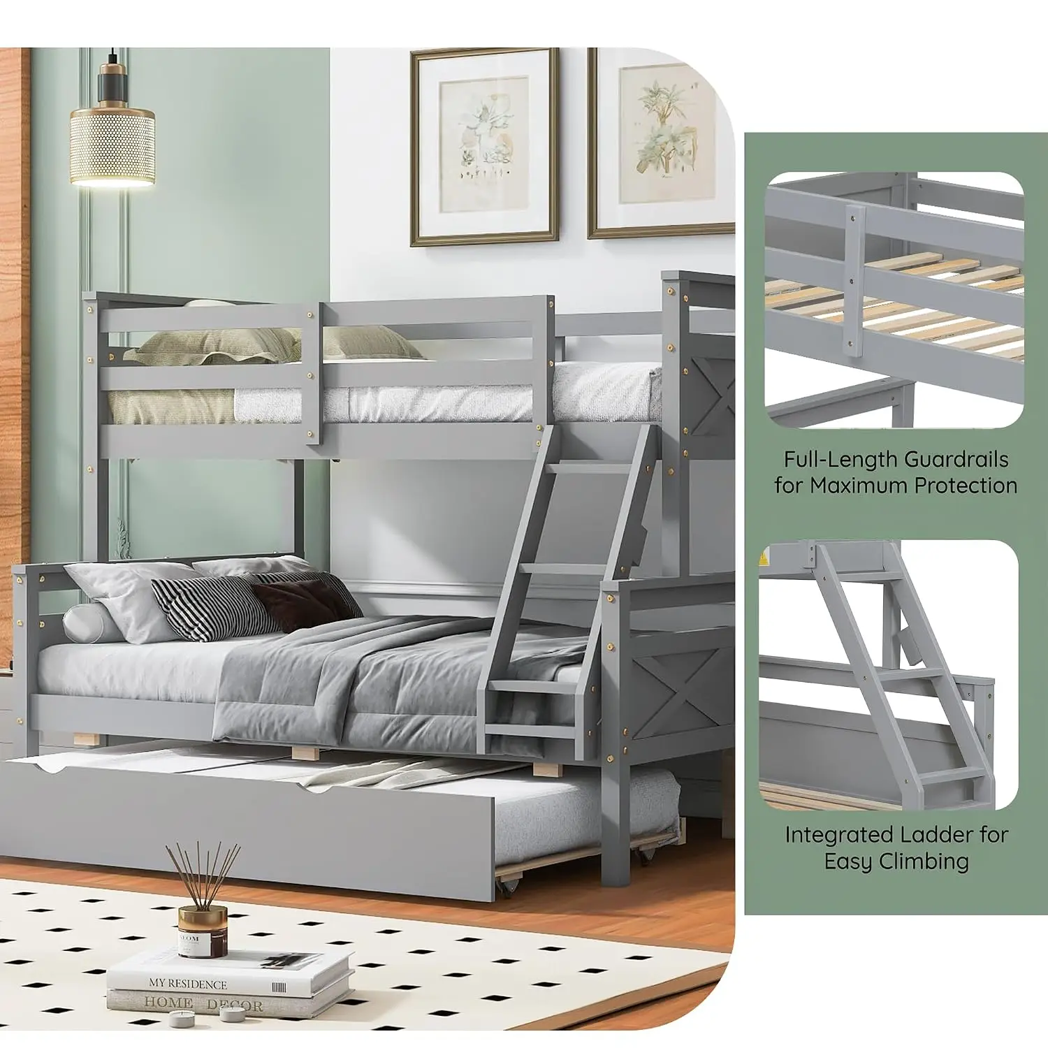 Twin Over Full Wood Bunk Bed with Trundle & Ladder, 3-in-1 Convertible to 2 Beds, Solid Wood Frame with Guardrail, Grey, Custom