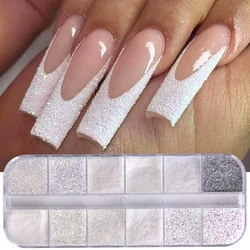12 Grids Shiny White Sugar Nail Glitter Powder Fine Iridescent Flakes Pigment Dust Elegant Wedding Manicure Decorations DIY