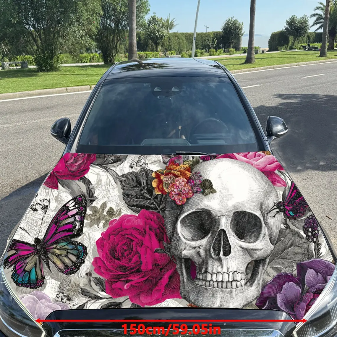 Car Decal Skull with Vibrant Roses and Butterfly in Floral Background & Artistic, Bohemian-Gothic Visual Details Car Hood Sticke