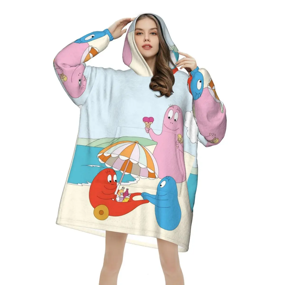 

Kawaii Barbapapa Cartoon Blanket Hoodie Oversized Wearable Sweatshirt Blanket Warm Gifts for Women Girls Girlfriend