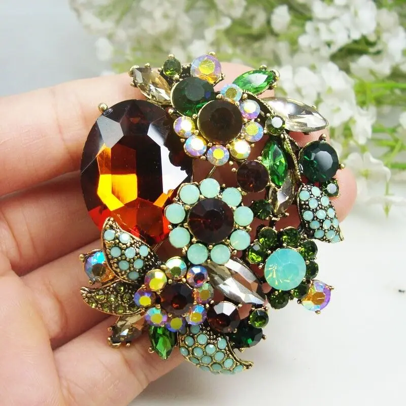 Crystal Pendant Elegant Brown Flower Cluster Leaf Brooch Pin Rhinestone