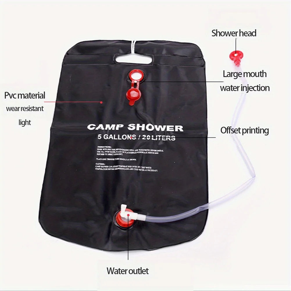 5.28-gallon portable camping shower kit with detachable hose and a switch shower head, perfect for outdoor camping and travel