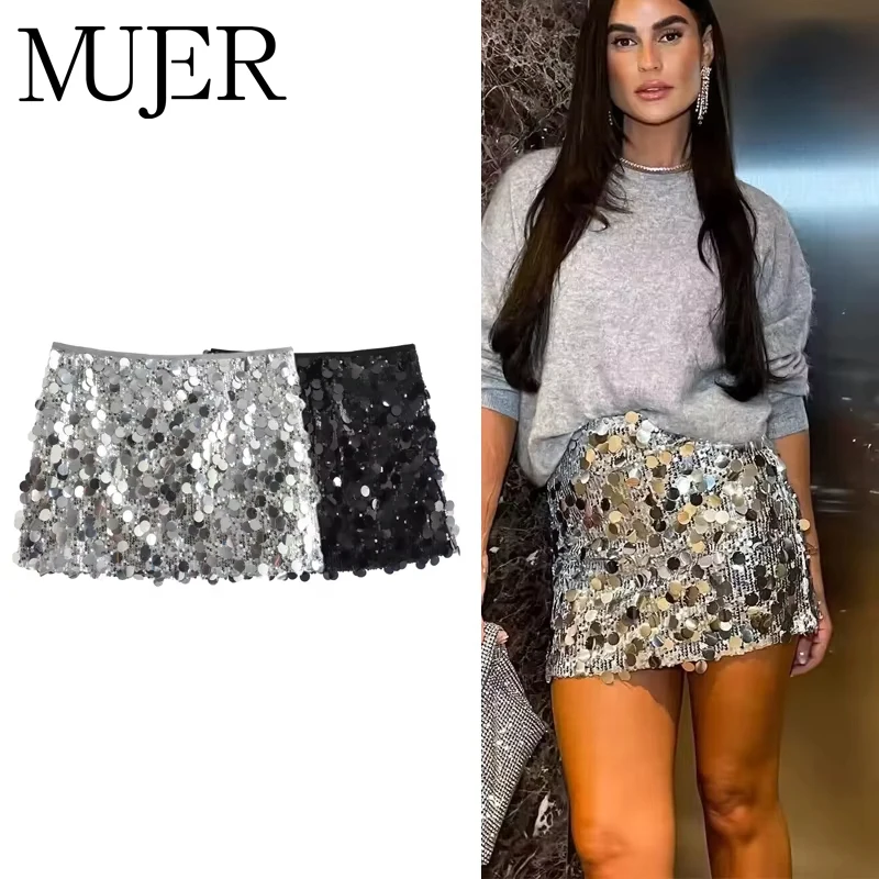 MUJER Cekinowa Mini Spódniczka Damska Luksusowa Spódnica z Wysokim Stanem dla Kobiet Modna Letnia Spódniczka Damska Streetwear Brokatowa Krótka Spódniczka