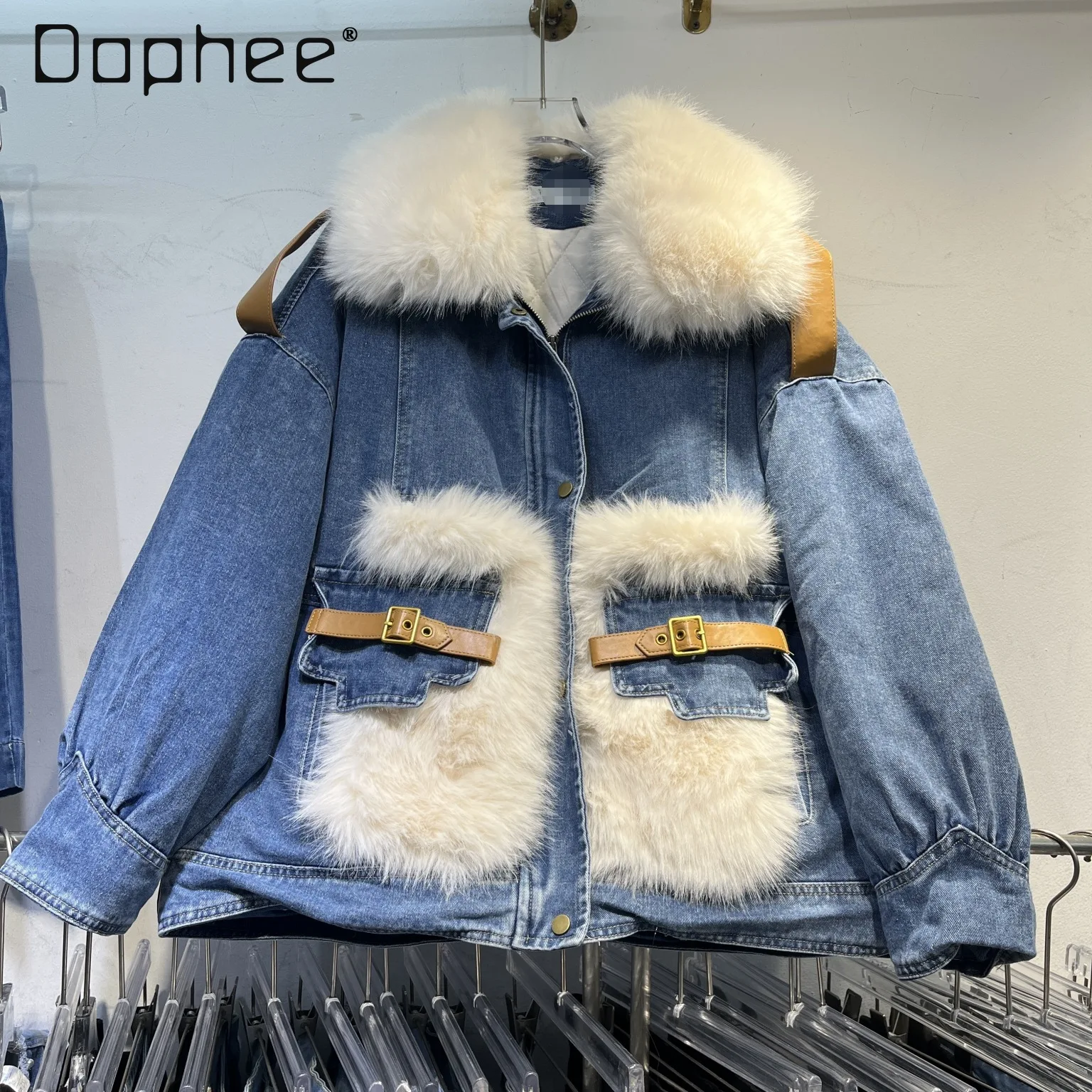 

Denim Jacket Eco-Friendly Fox Fur Patchwork Korean Style Jacket 2025 New Faux Fur Parka Coat Winter Clothes Women