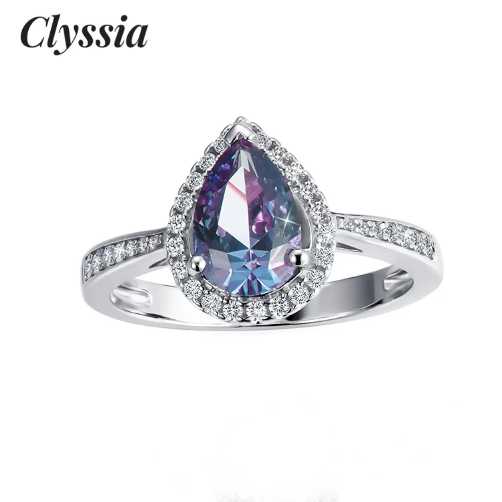 

CLYSSIA 925 Silver Alexandrite Gemstone Rings Rose Gold Plated Vintage Tear Drop Ring Luxury Women Wedding Party Jewelry