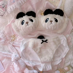 Sexy Young Girl Women's Cute Panda Underwear Set Sweet Lolita Bow Plush Trim Bra & Panties Sets Cotton Lingerie Set Push Up Bra