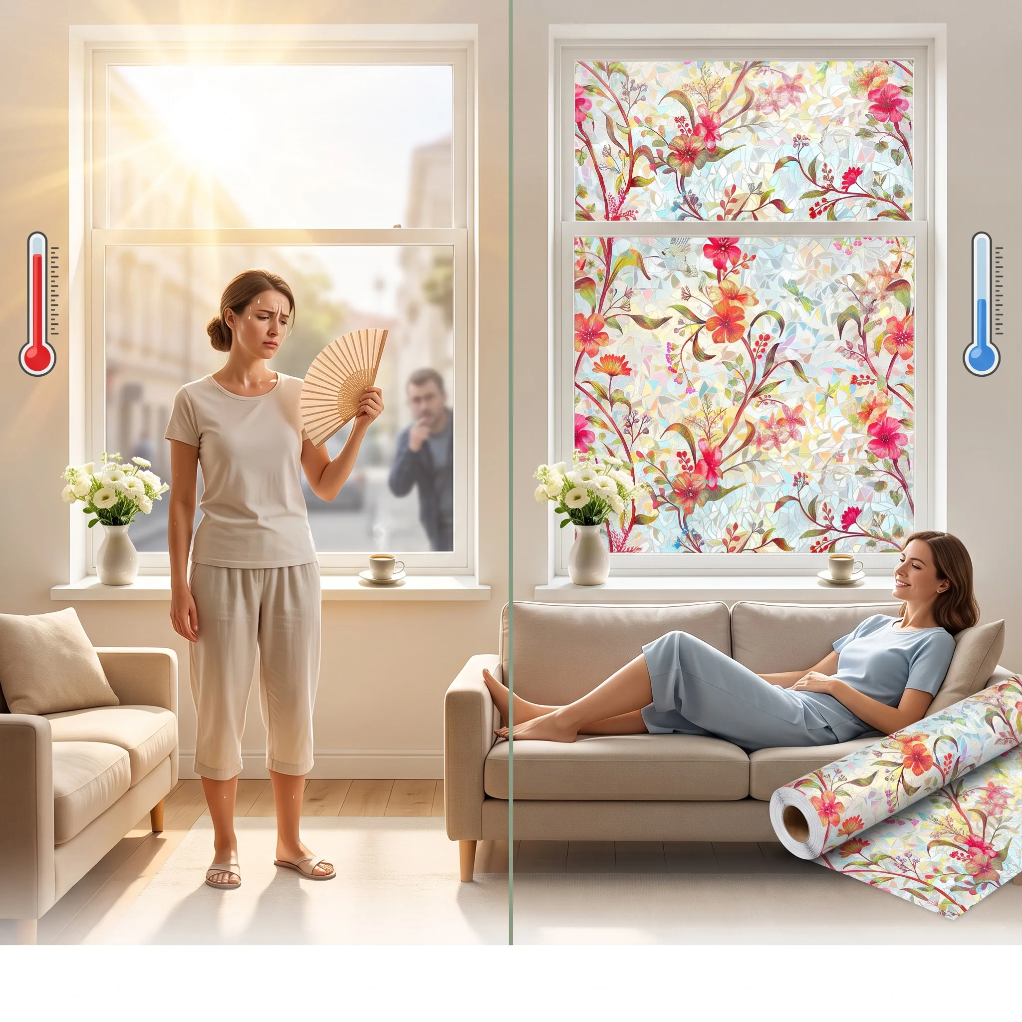 Stained Glass Window Film Floral Bird Privacy Decorative Static Cling for Home Bathroom Living Room Glass Door Decor