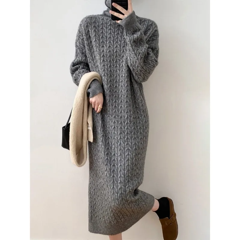 

Turtleneck Women'S Dresses Twisted Casual Straight Long Sleeve Maxi Sweater Kniitted Dresses Ladies Streetwear Retro Dress