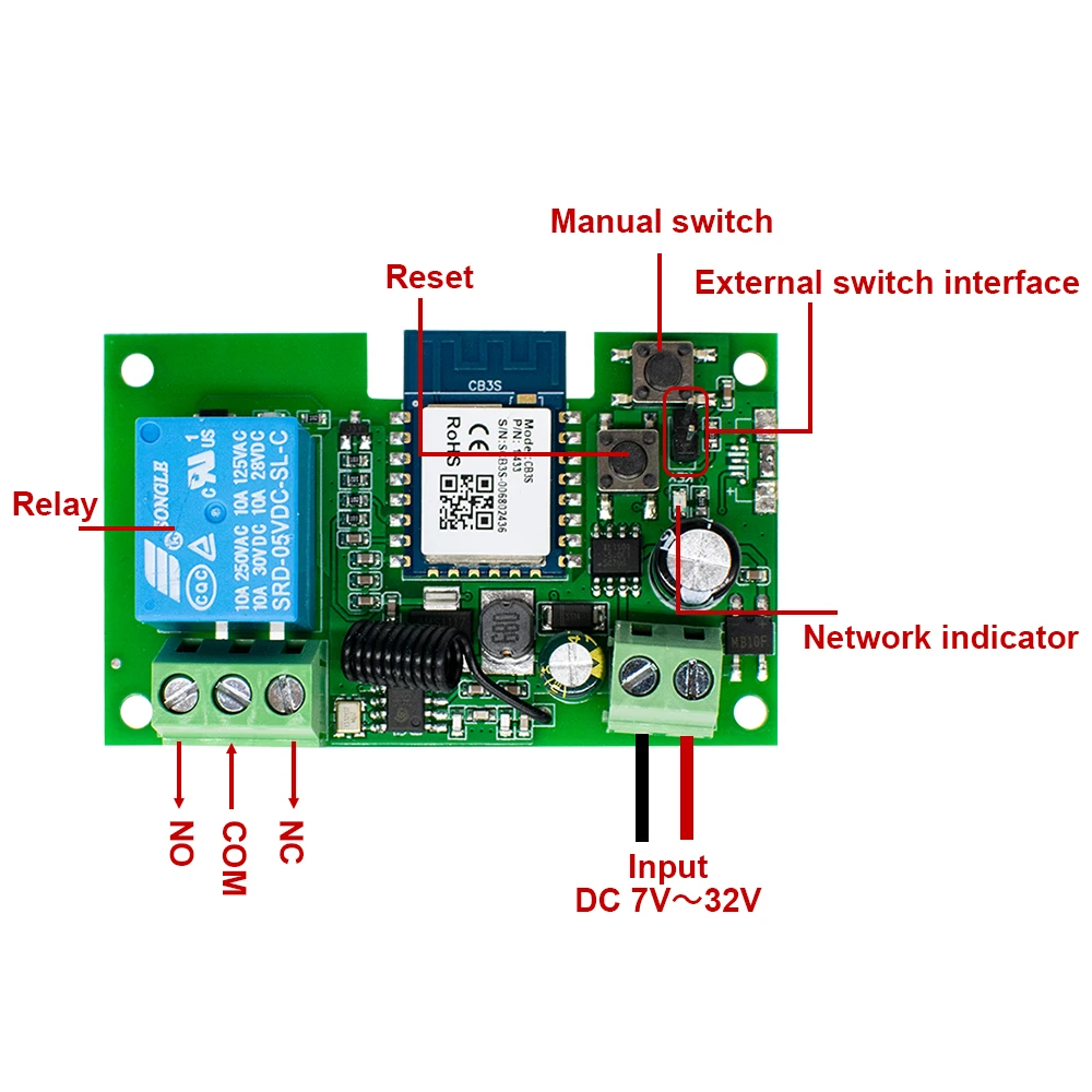 eWeLink Smart Home Wifi wireless Switch Module 1CH DC 12V 24V 32V  Inching Self-locking Receive 10A Relays