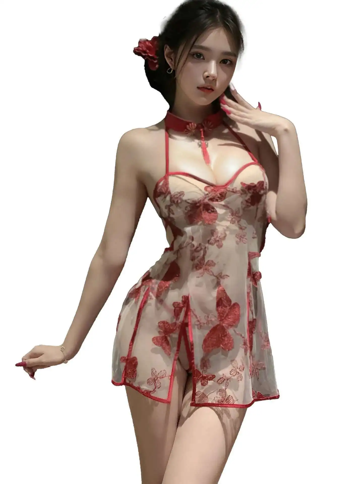 Prześwitująca siateczkowa haftowana koszulka na ramiączkach, seksowna, z odkrytymi plecami, wiązana koszula nocna, sukienka Cheongsam, elegancka moda 2025, nowe topy BVF8