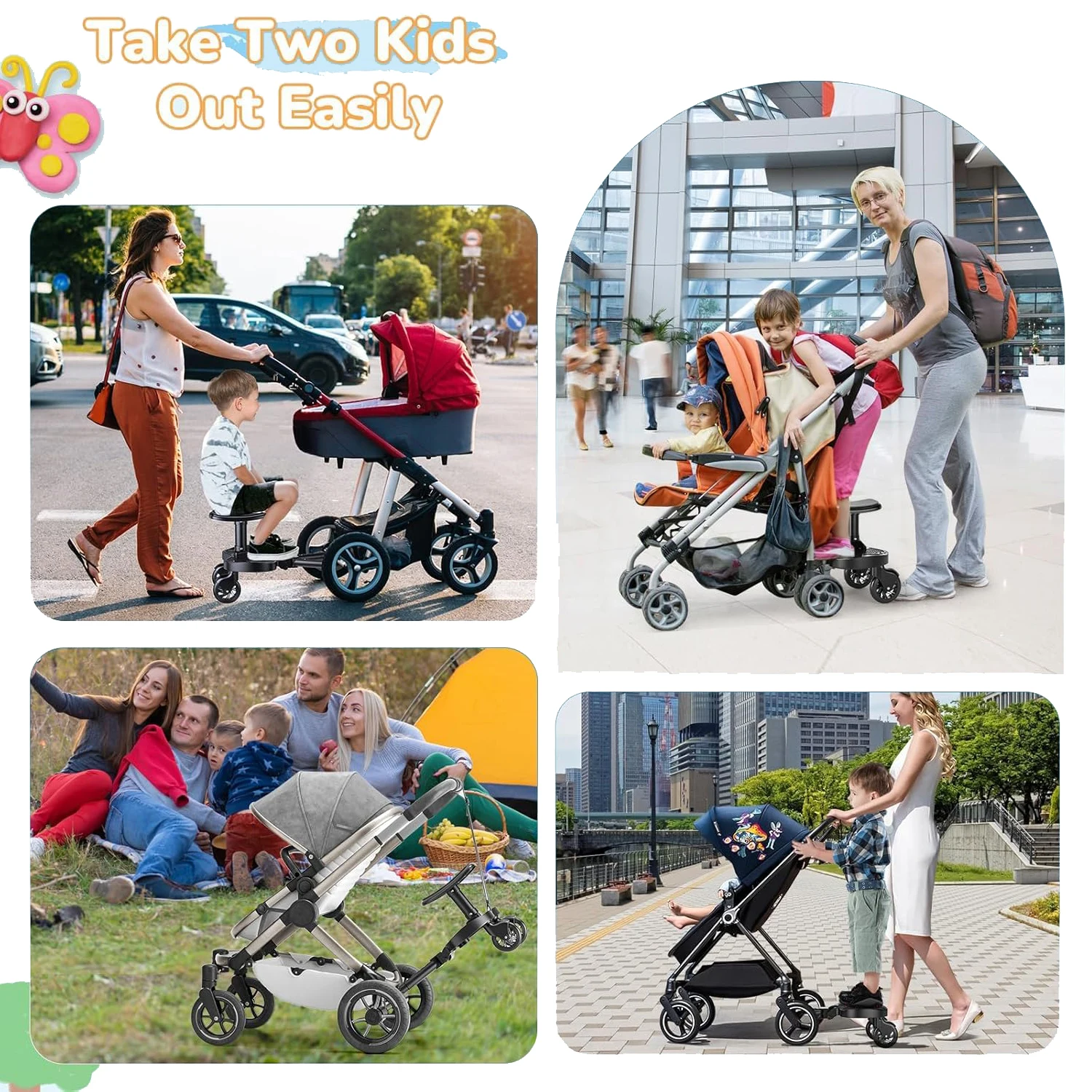 لوح عربة أطفال قابل للتعديل للجلوس والوقوف مناسب عالميًا 25 كجم محمل ركوب على لوحة عربات التي تجرها الدواب مع مرفق عربة أطفال بمقعد #5